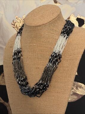 Multi-Strand Black and White Seed Bead Necklace - Women Jewelry